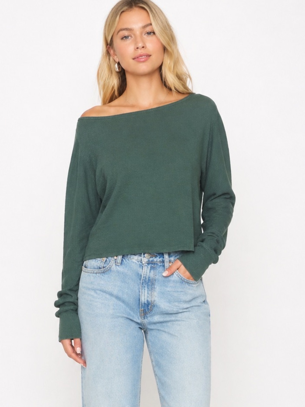 Free People Forest Green Off-Shoulder Long Sleeve Top